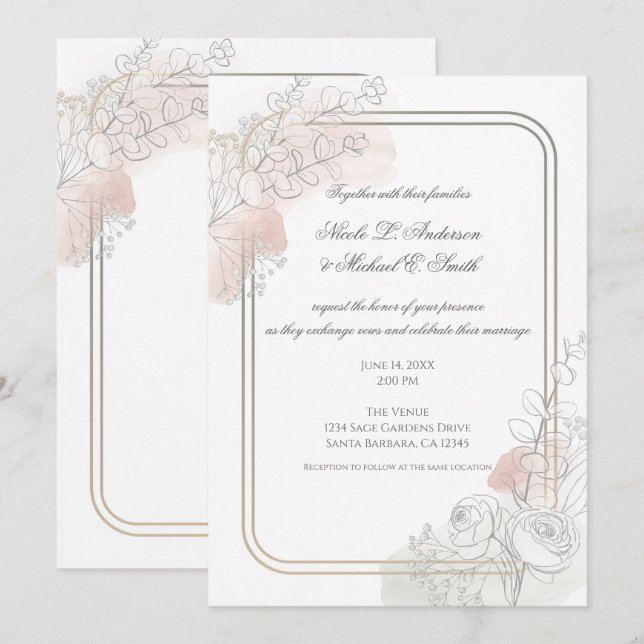 Convite Botanical Outline Sage & Blush Floral Wedding  (Frente/Verso)