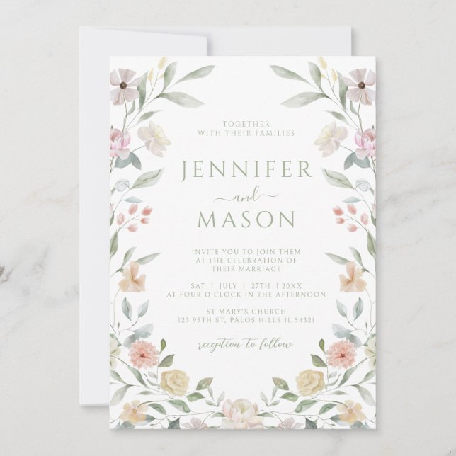 Convite Botanical Pastel Flower Wreath Wedding Invitation (Frente)