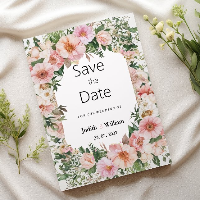 Convite Botanical pink blossom summer floral Save the Date (Botanical pink blossom summer floral Save the Date )