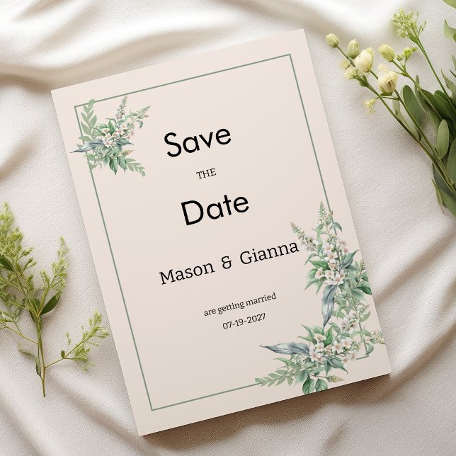 Convite Botanical pink mint ivory floral Save the Date (Botanical pink mint ivory floral Save the Date)