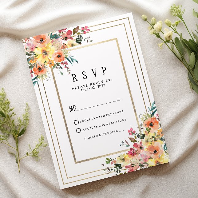 Convite Botanical pink orange gold floral country RSVP (Botanical pink orange gold floral country RSVP)