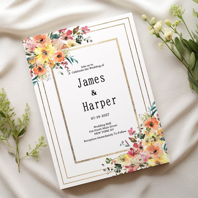 Convite Botanical pink orange gold floral country Wedding  (Botanical pink orange gold floral country Wedding )