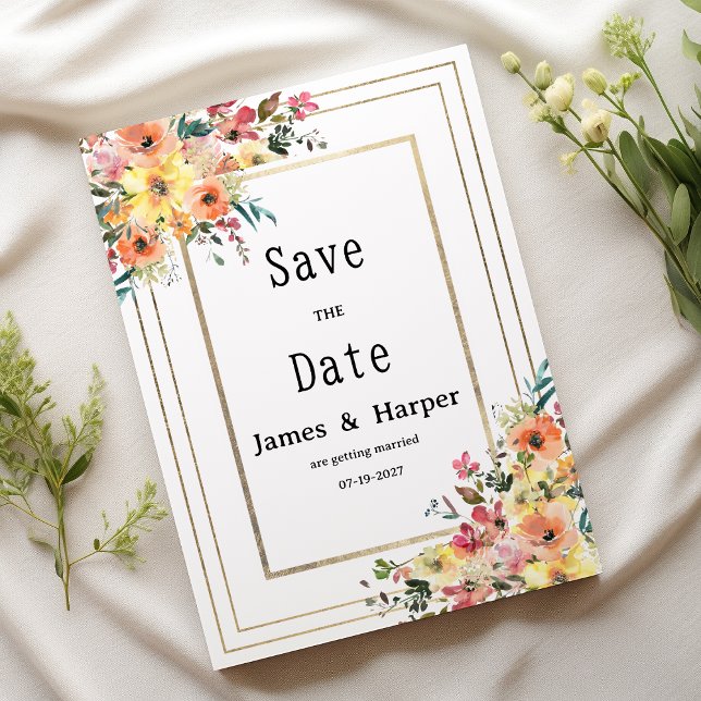 Convite Botanical pink orange gold floral Save the Date (Botanical pink orange gold floral Save the Date)