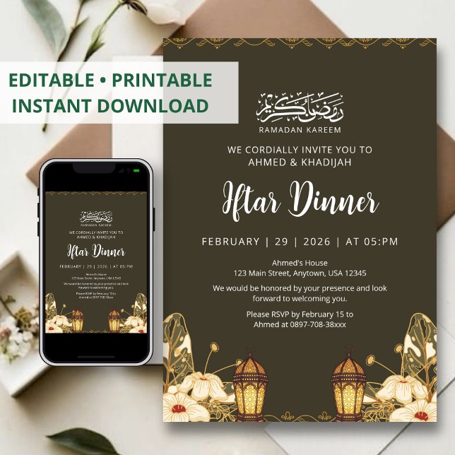 Convite Botanical Ramadan Iftar Floral Lanterns Invitation (Criador carregado)