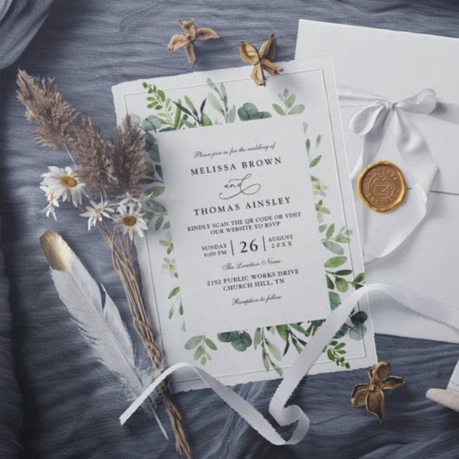 Convite Botanical Rustic Greenery Elegant QR Code Wedding (Criador carregado)