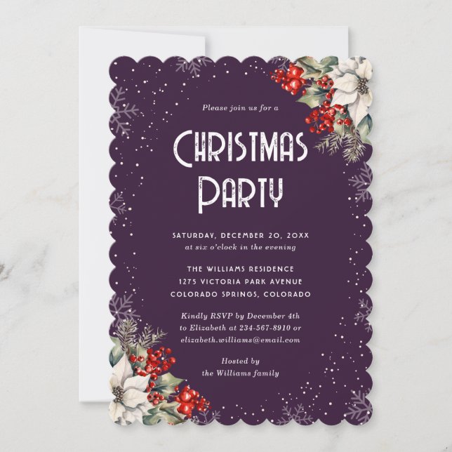Convite Botanical Snowflake Purple Christmas Party (Frente)