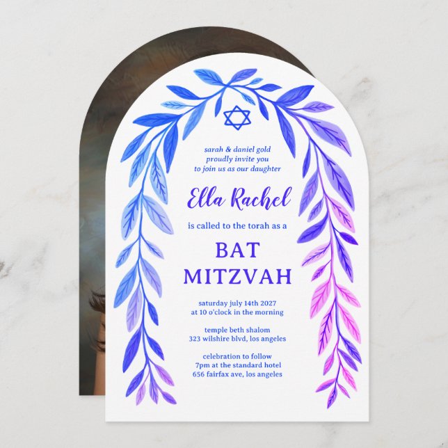 Convite Botanical Watercolor Bar Bat Mitzvah Arch Photo (Frente/Verso)