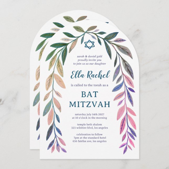 Convite Botanical Watercolor QR Code Bar Bat Mitzvah Arch (Frente/Verso)