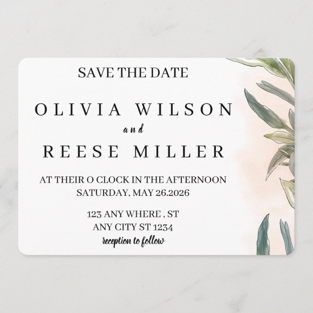 Convite Botanical Watercolor Wedding Save the Date (Frente)