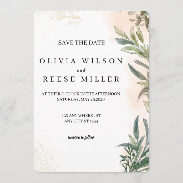 Convite Botanical Watercolor Wedding Save the Date (Frente)