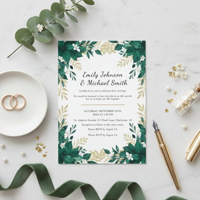 Convite Botanical Wedding Invitation with Green Leaves  (Criador carregado)