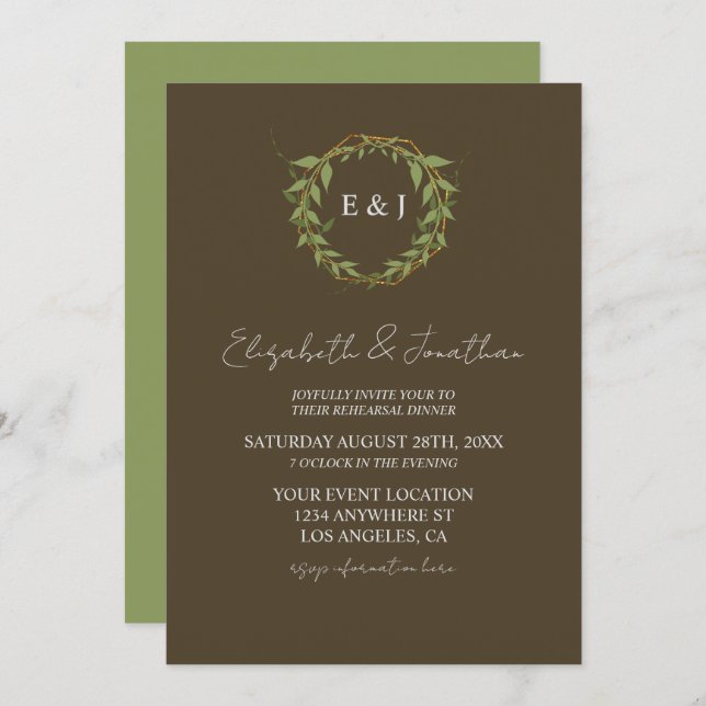Convite Botanical Wreath Earth Tone Rehearsal Dinner (Frente/Verso)