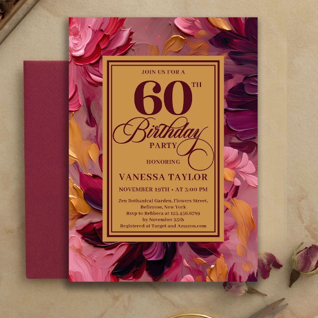 Convite Botânico Boho 60º Aniversário Borgonha Floral Dour (Botanical 60th Birthday Burgundy Floral Gold Invitation)