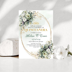 Convite Botânico Boho Quinceañera Verde Dourado