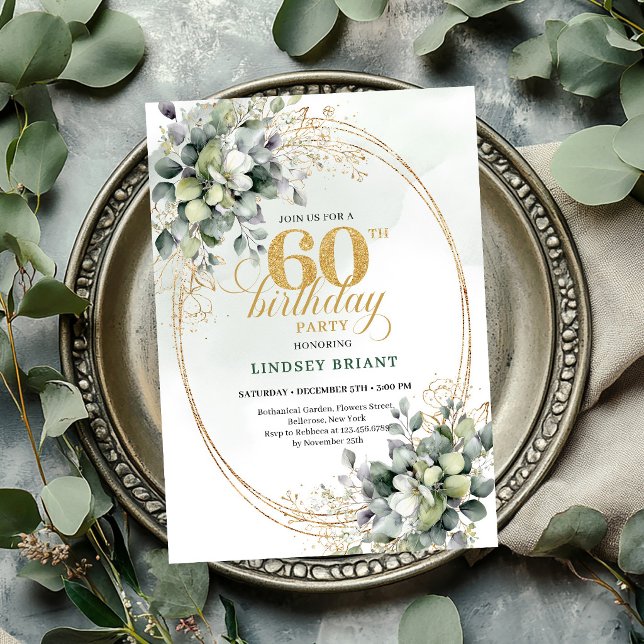 Convite Botânico Boho Verde para 60º Aniversário (Botanical 60th Birthday Boho Green Invite

)