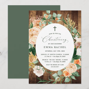 Convite Botânico Boho Woodgrain Christening Personalizado