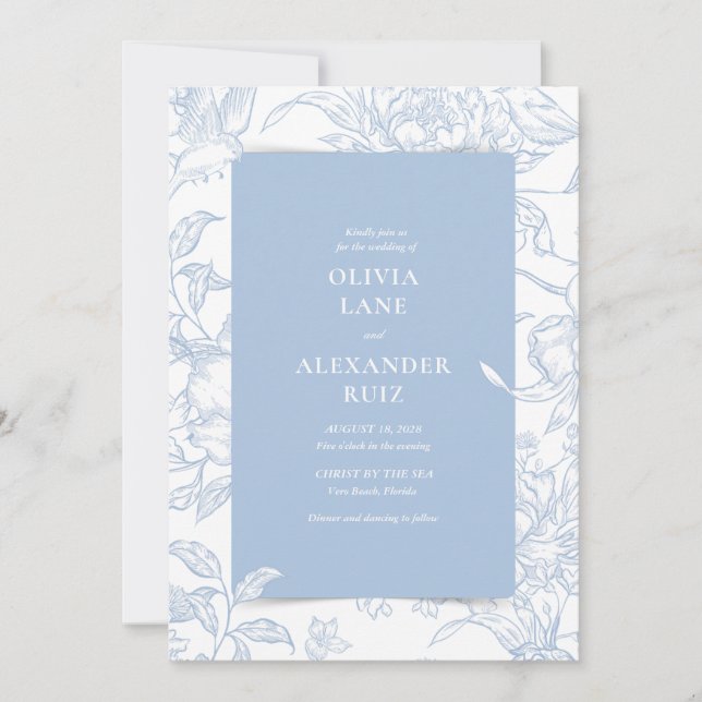 Convite Botânico Casamento Floral Azul Francês (Frente)
