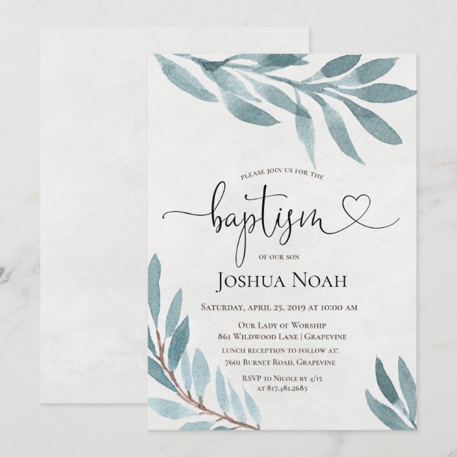 Convite Botânico De Batismo De Aquarela (Frente/Verso)