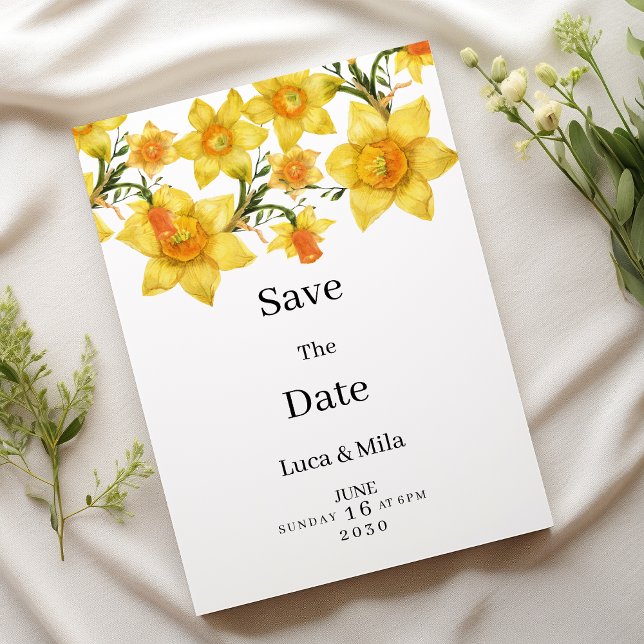 Convite Botânico de Primavera Narciso Dourado Flor (Botanic Spring Golden Daffodil Flora Save the Date)