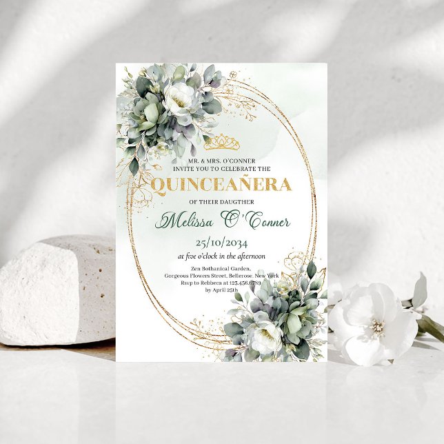 Convite Botânico de Quinceañera em Aquarela com Eu (Watercolor Eucalyptus Quinceañera Botanical Invite)
