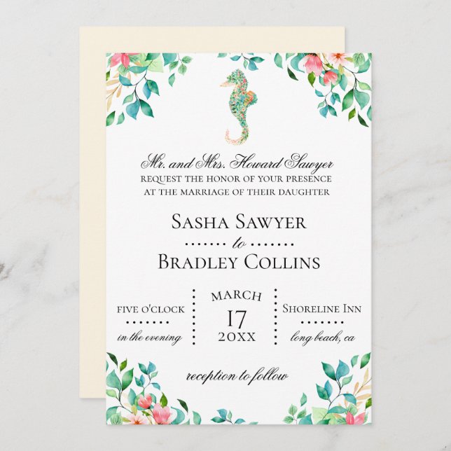 Convite botânico do casamento do cavalo marinho (Frente/Verso)