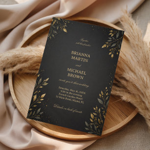Convite Botânico Dourado Elegante Escuro