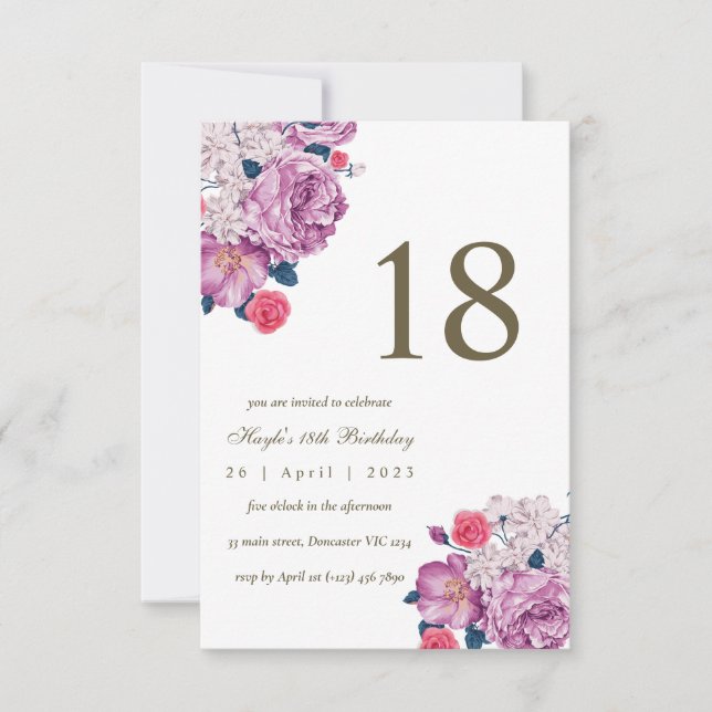 Convite Botânico Floral Roxo Simples Chic 18 Anos (Frente)
