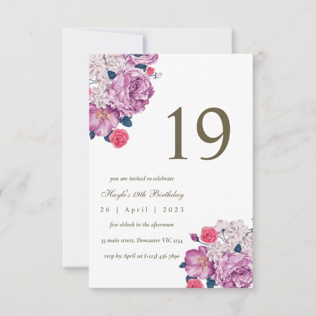 Convite Botânico Floral Roxo Simples Chic 19 Anos (Frente)