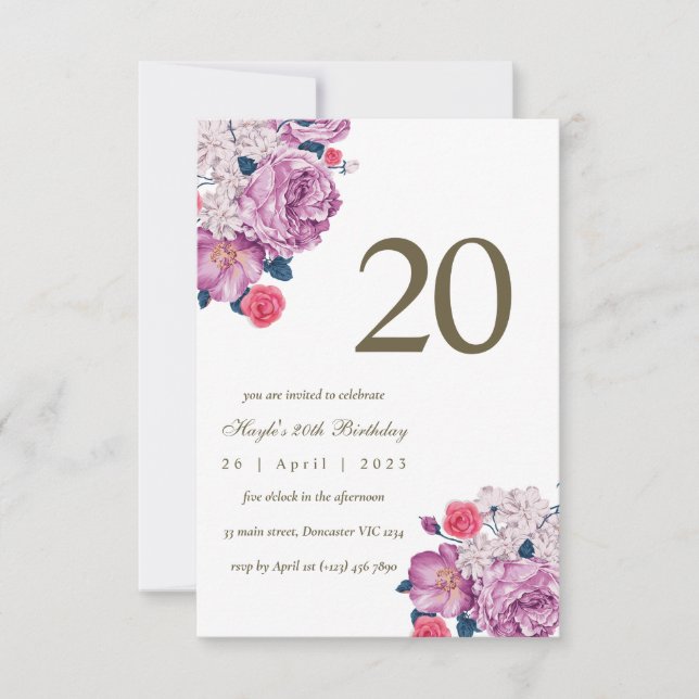 Convite Botânico Floral Roxo Simples Chic 20º Aniversário (Frente)