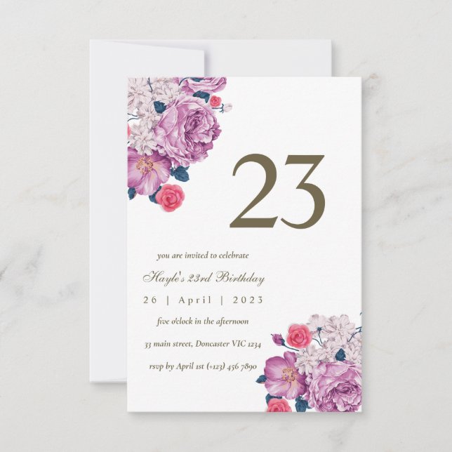 Convite Botânico Floral Roxo Simples Chic 23º Aniversário (Frente)