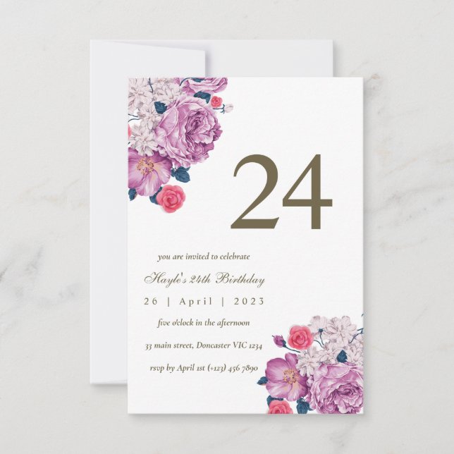 Convite Botânico Floral Roxo Simples Chic 24º Aniversário (Frente)
