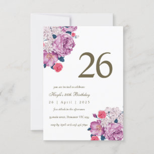 Convite Botânico Floral Roxo Simples Chic 26º Aniversário
