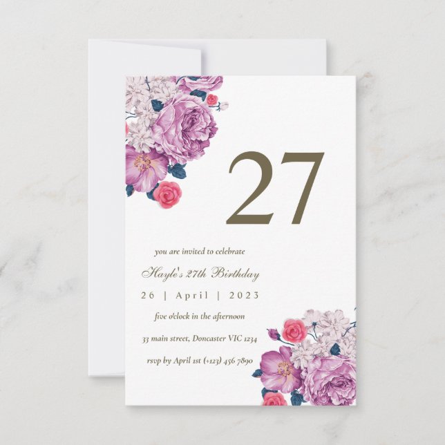 Convite Botânico Floral Roxo Simples Chic 27º Aniversário (Frente)