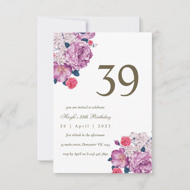 Convite Botânico Floral Roxo Simples Chic 39º Aniversário (Frente)