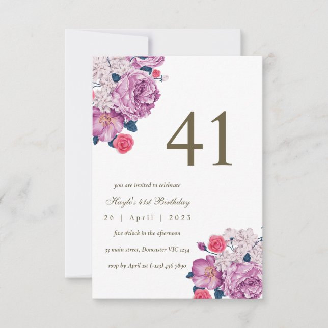 Convite Botânico Floral Roxo Simples Chic 41º Aniversário (Frente)