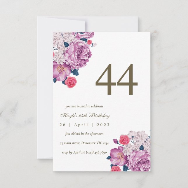 Convite Botânico Floral Roxo Simples Chic 44º Aniversário (Frente)