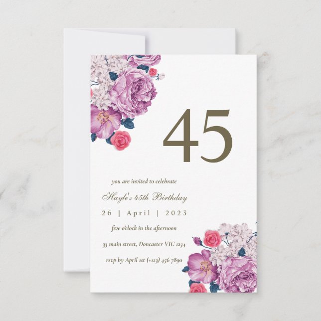 Convite Botânico Floral Roxo Simples Chic 45º Aniversário (Frente)