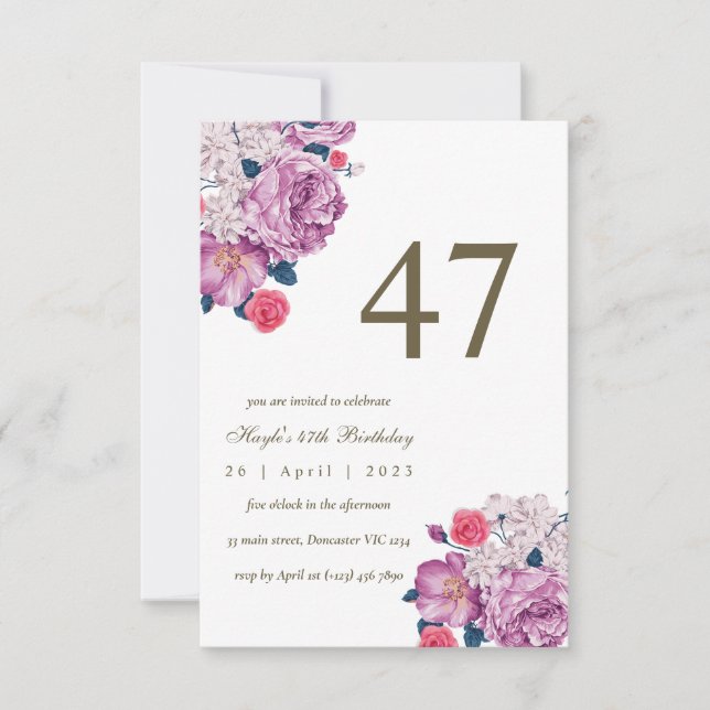 Convite Botânico Floral Roxo Simples Chic 47º Aniversário (Frente)