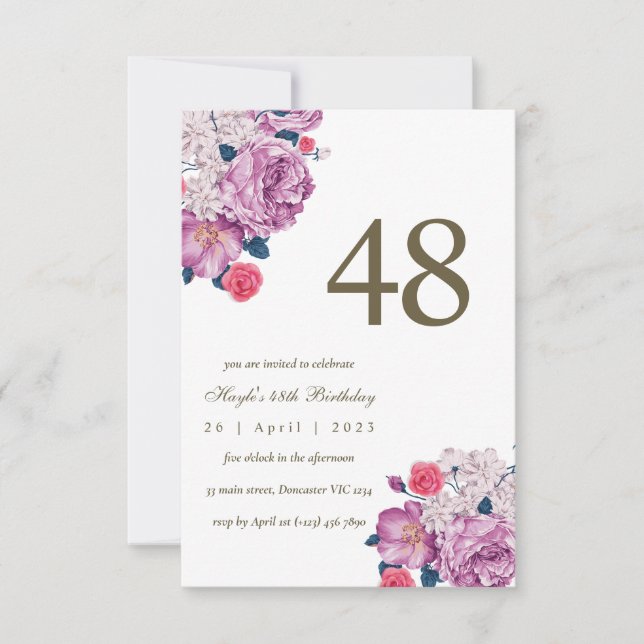 Convite Botânico Floral Roxo Simples Chic 48º Aniversário (Frente)