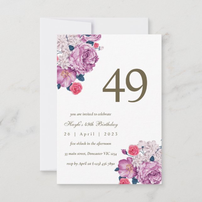 Convite Botânico Floral Roxo Simples Chic 49º Aniversário (Frente)