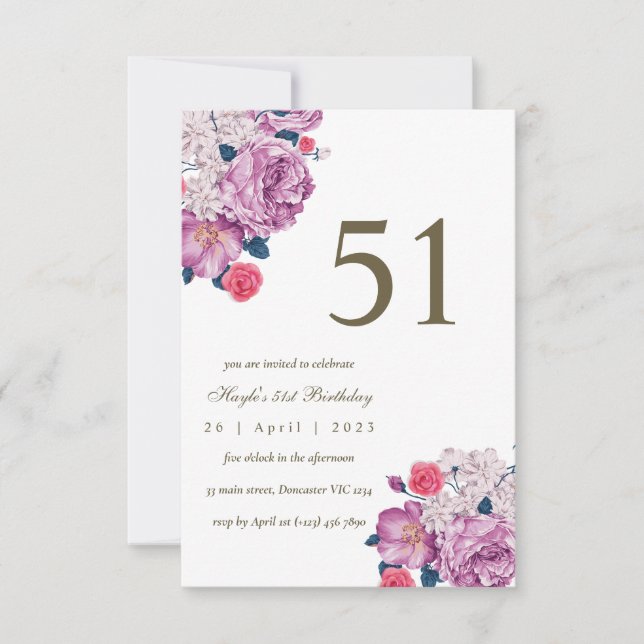 Convite Botânico Floral Roxo Simples Chic 51º Aniversário (Frente)