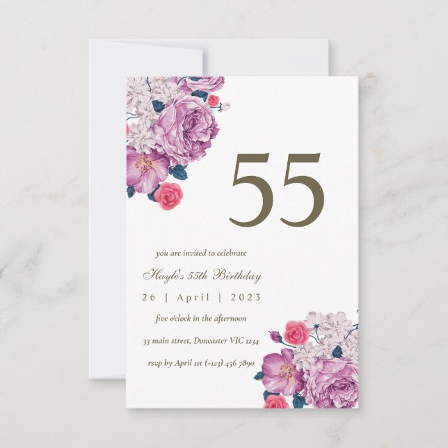 Convite Botânico Floral Roxo Simples Chic 55º Aniversário (Frente)