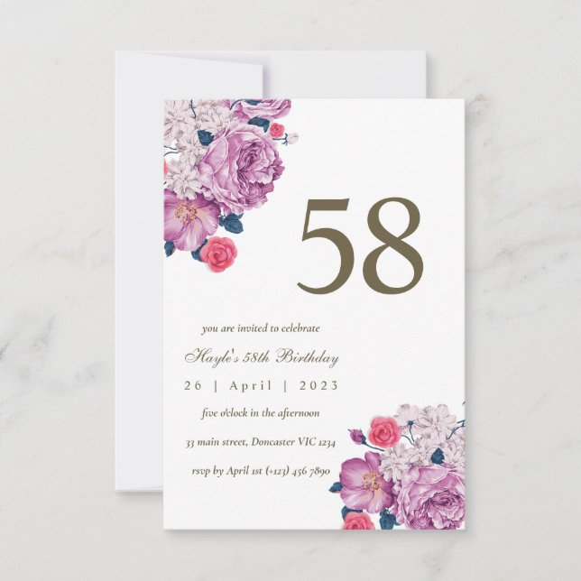 Convite Botânico Floral Roxo Simples Chic 58º Aniversário (Frente)