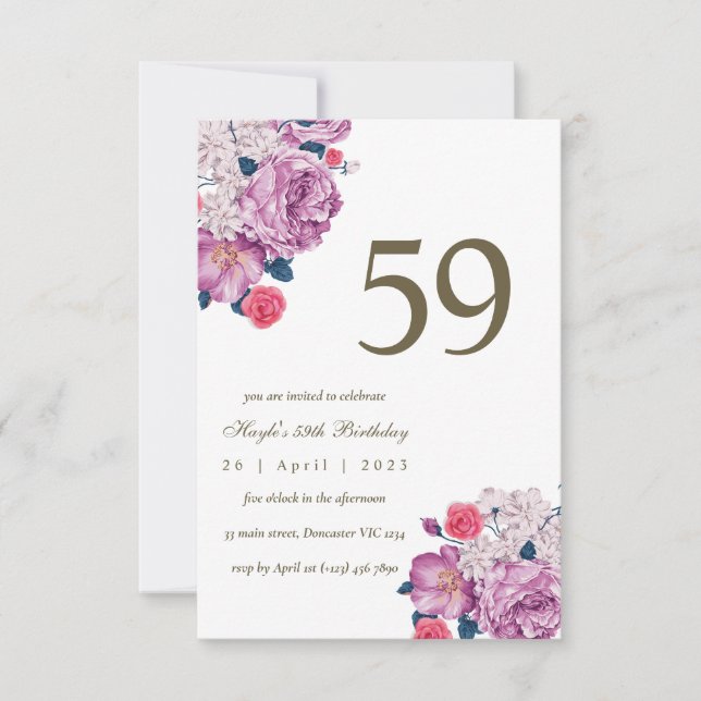 Convite Botânico Floral Roxo Simples Chic 59º Aniversário (Frente)