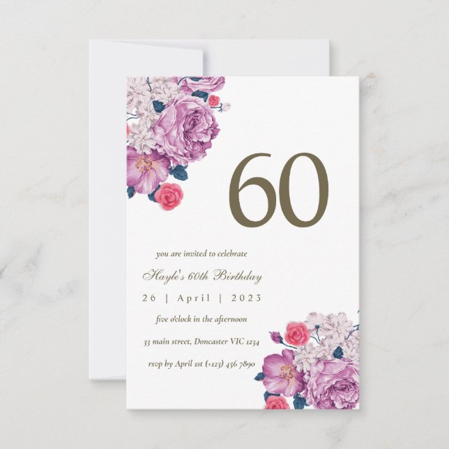 Convite Botânico Floral Roxo Simples Chic 60º Aniversário (Frente)