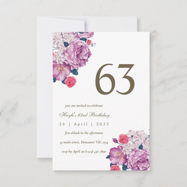 Convite Botânico Floral Roxo Simples Chic 63º Aniversário (Frente)