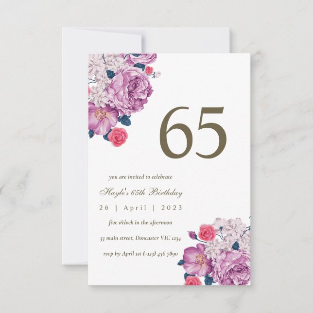 Convite Botânico Floral Roxo Simples Chic 65º Aniversário (Frente)