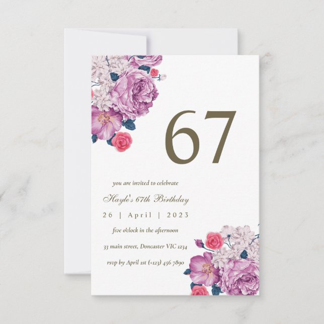 Convite Botânico Floral Roxo Simples Chic 67º Aniversário (Frente)