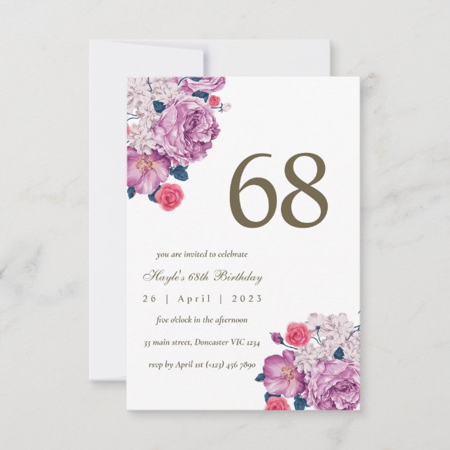 Convite Botânico Floral Roxo Simples Chic 68º Aniversário (Frente)