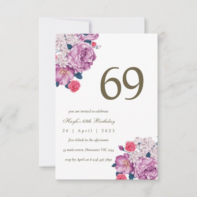 Convite Botânico Floral Roxo Simples Chic 69º Aniversário (Frente)